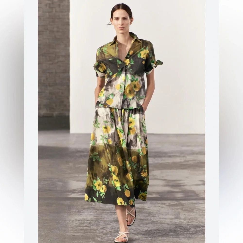 ZARA ZW WOMAN COLLECTION 2pc Co Ord Set Midi skirt & Blouse Size Medium NWT - Picture 1 of 16